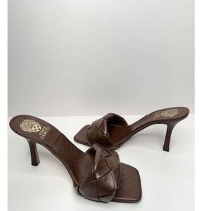 VinceCamuto Sandals Womens Size 8.5 Brown Leather Square Open Toe Woven Heels.